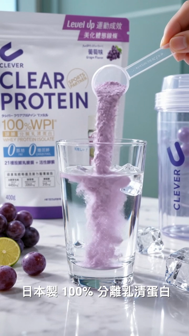 Clever Clear Protein 紫色蛋白粉倒入透明冰水的產品廣告影片代表畫格，以原始比例展示