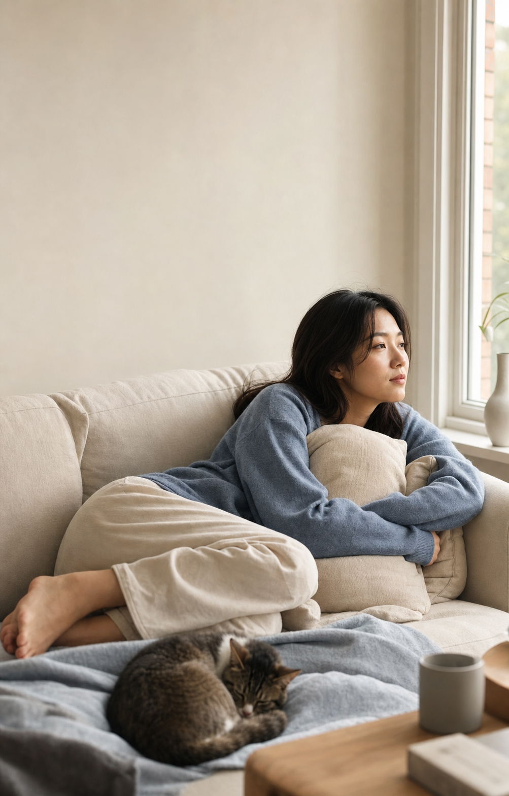 一位女性與虎斑貓在晨光中的沙發上休息。