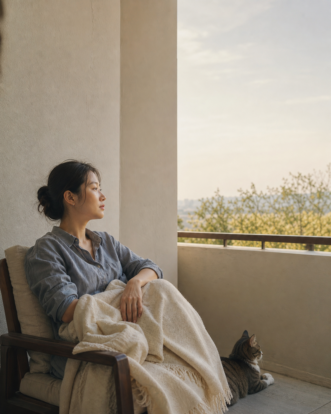 一位女性與虎斑貓在陽台邊安靜休息。