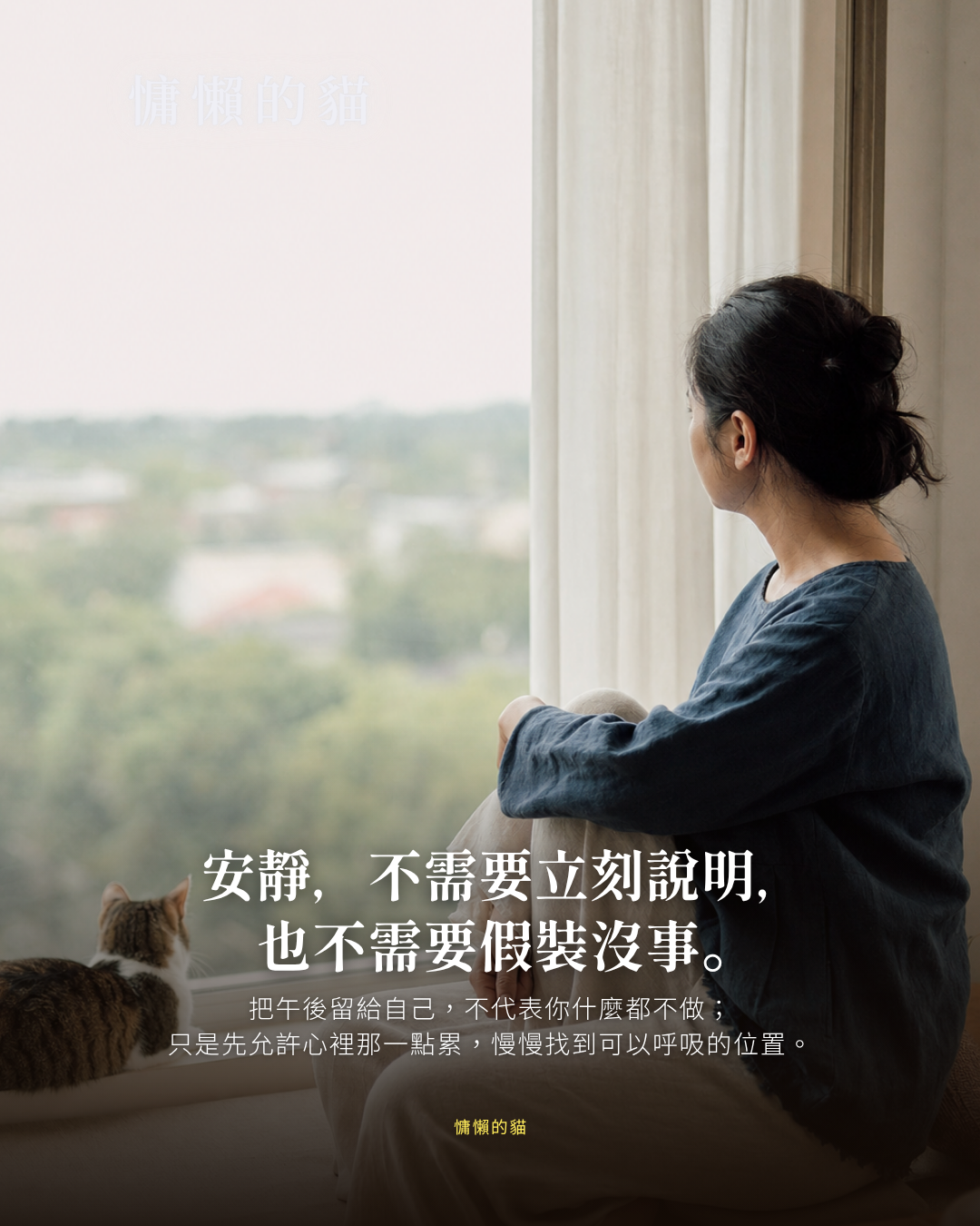 慵懶的貓社群圖卡案例封面，女性與虎斑貓在窗邊休息。