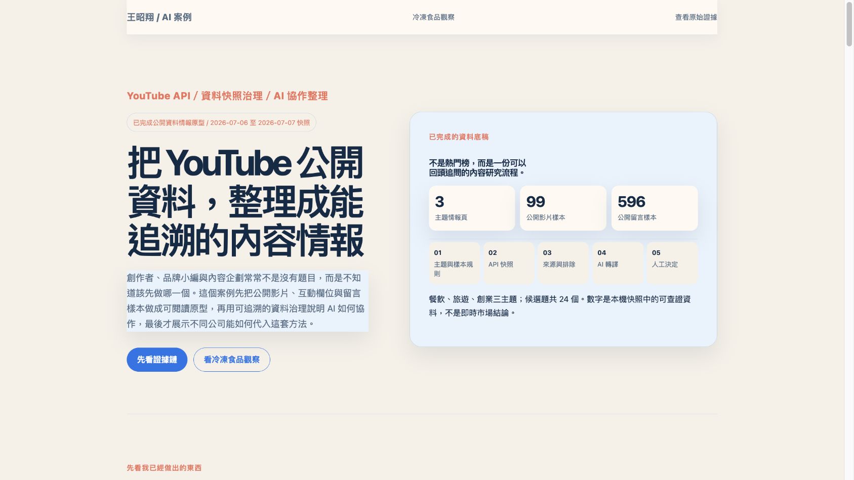 創作者選題情報案例頁首屏，呈現 YouTube 公開資料與可追溯內容情報流程